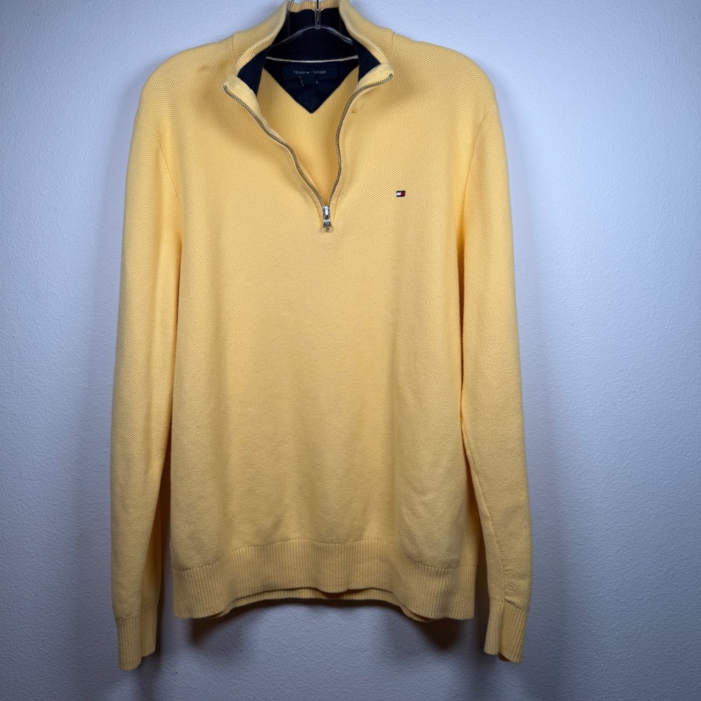 Tommy Hilfiger Mens Yellow Quarter Zip Pullover Cotton Knit Sweater Large Y2K